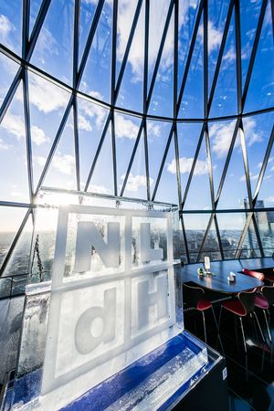 Geometric glass ceiling with metal framework against blue sky and white clouds creates modern architectural perspective.