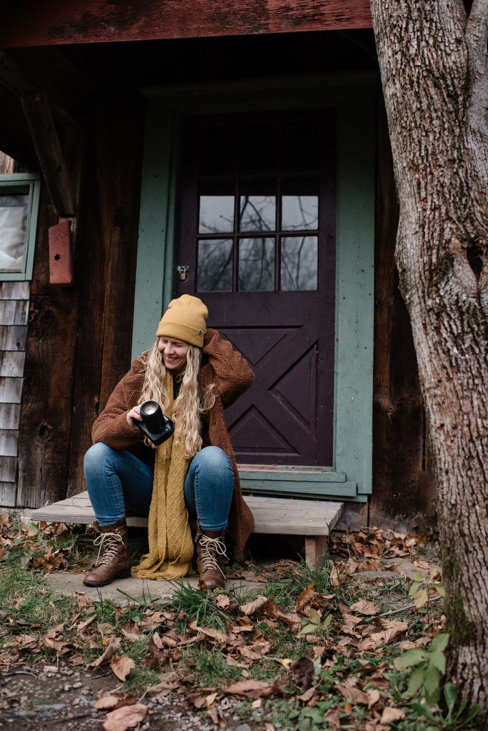 Four sequential photos show someone sitting on a rustic porch with scattered autumn leaves on the ground.