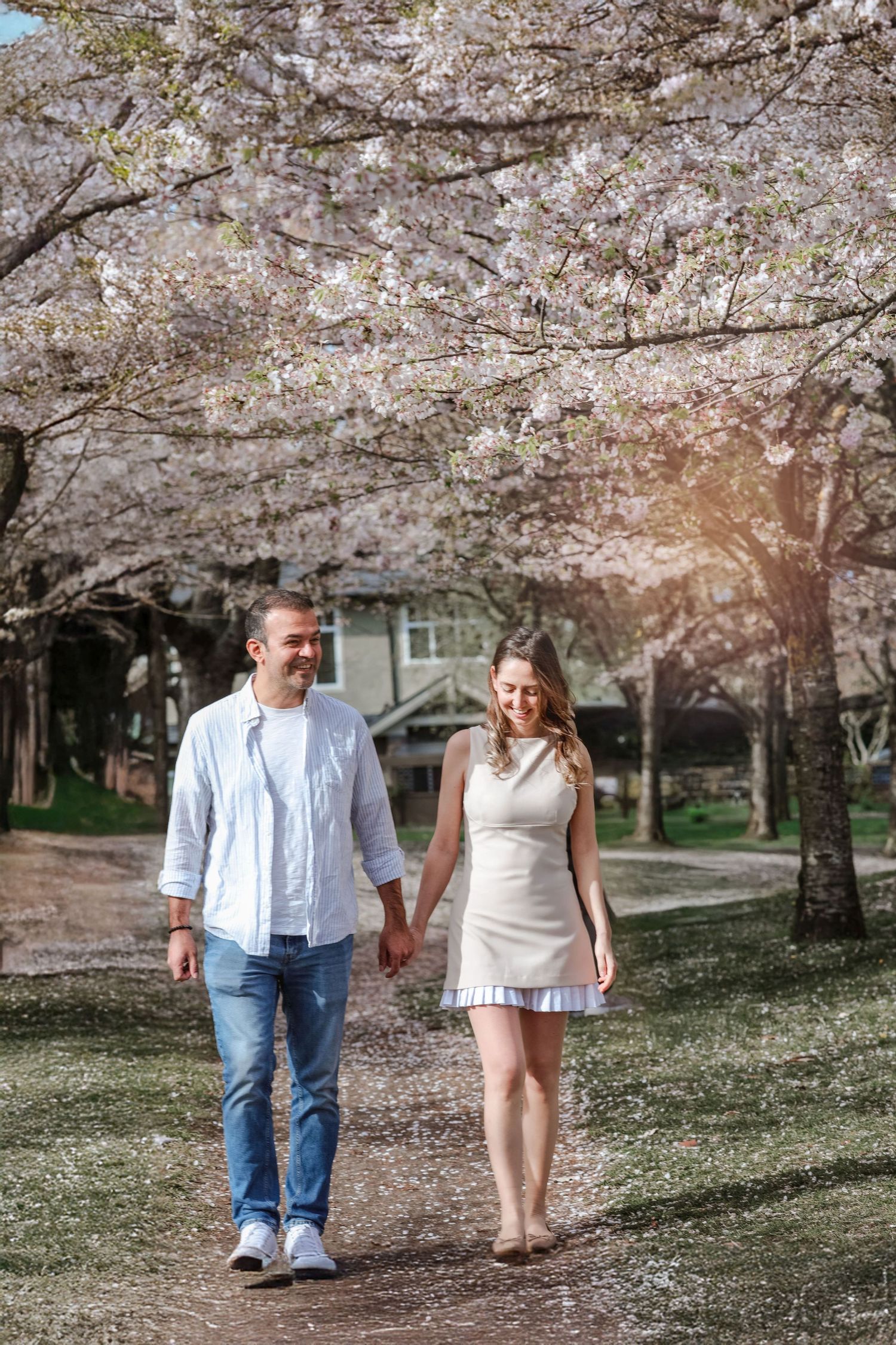 Vancouver anniversary photography with cherry blossoms in bloom