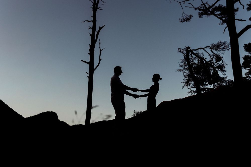 Two silhouettes stand together on a hilltop at dusk with tall trees in the background.
