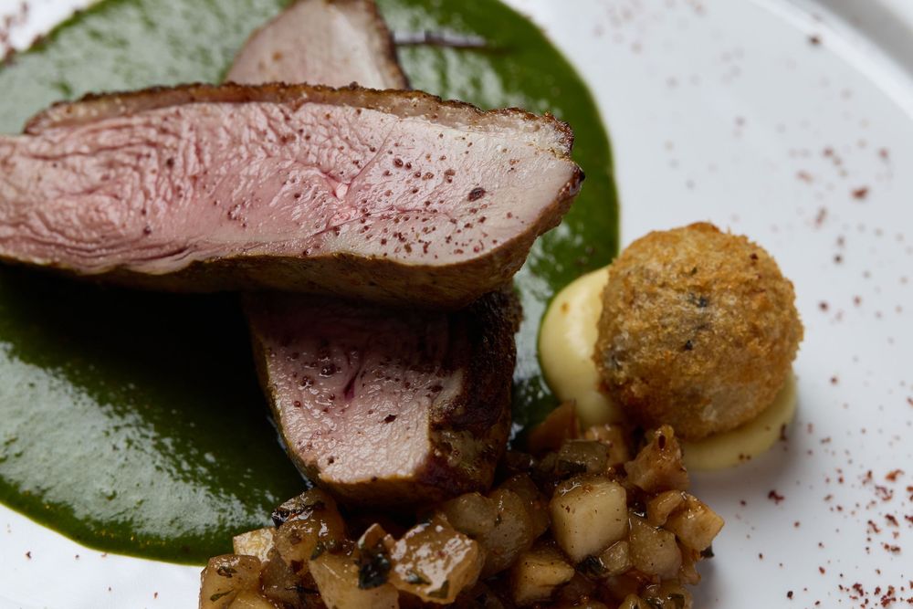 Plated duck breast with green sauce and garnishes on a white plate.