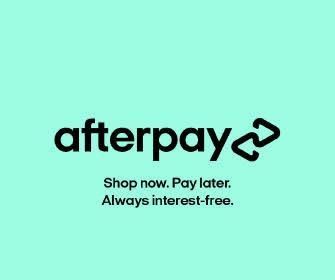 Afterpay logo in black text on mint green background with their slogan below.