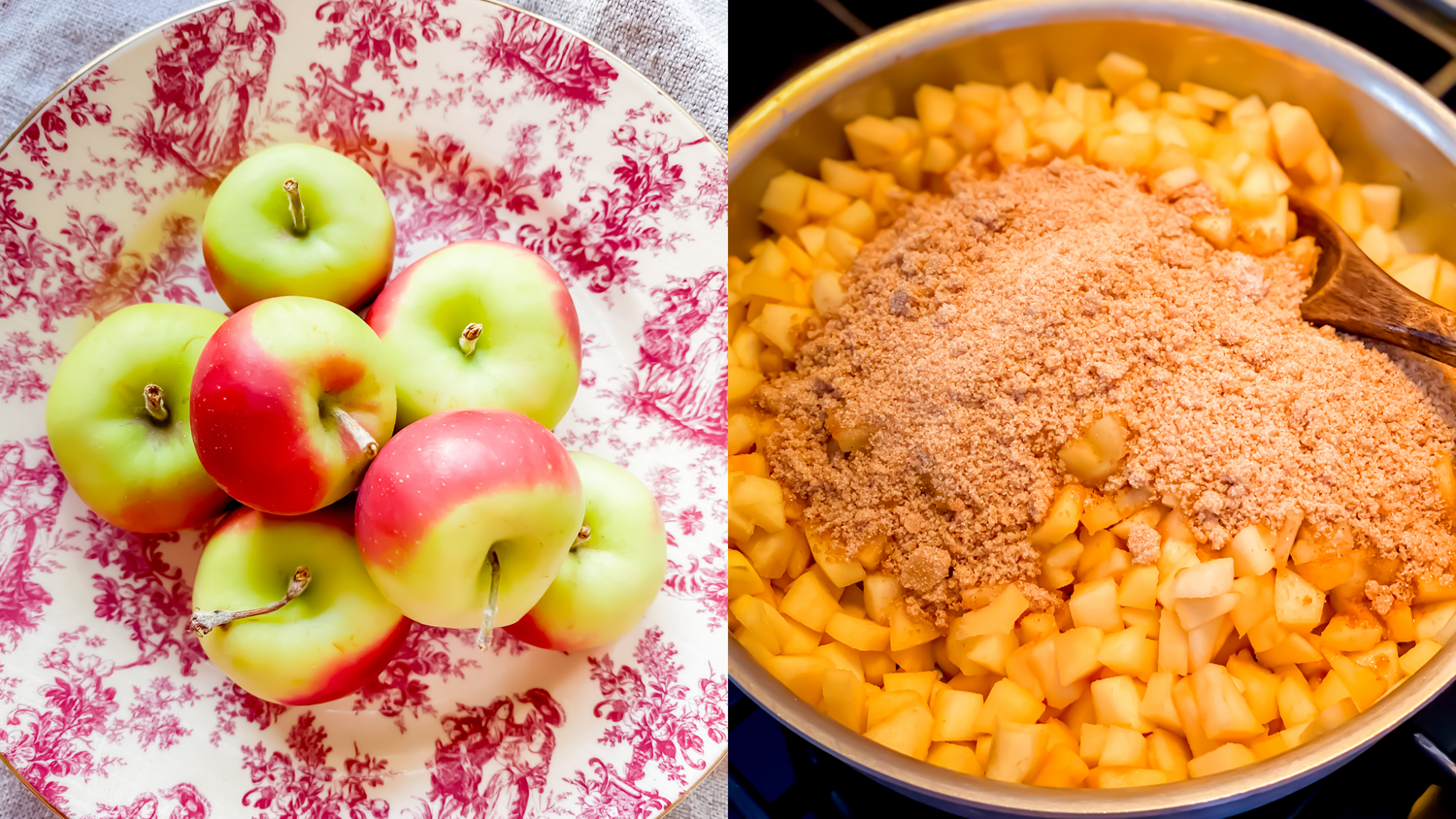 Fresh green and red apples with diced fruit and spices for baking.