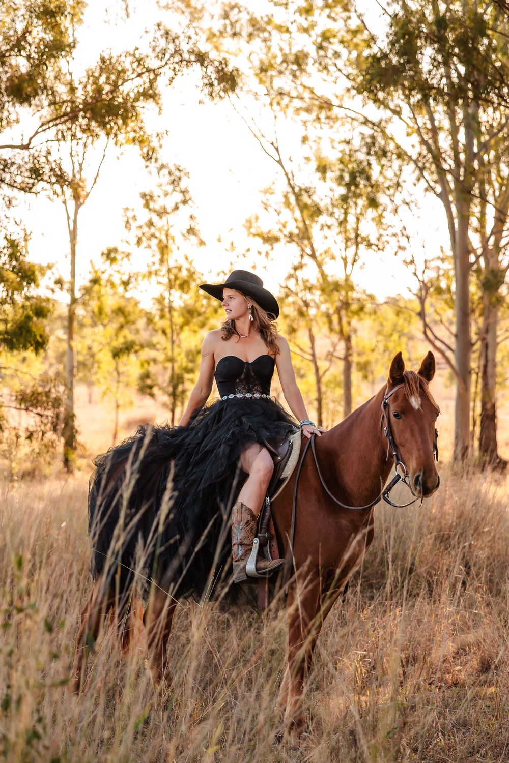 A series of photos showing riders on horseback in tall grass during golden hour with trees in the background.