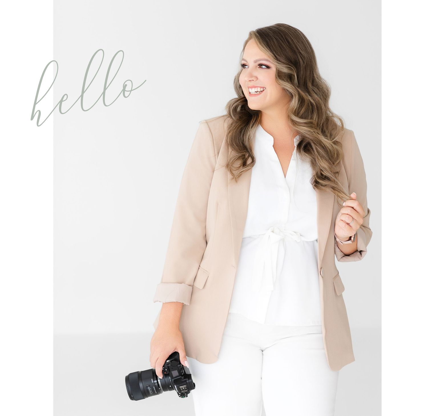 Professional lifestyle photo series showing a beige cardigan layered over white button-down blouse in four complementary poses.