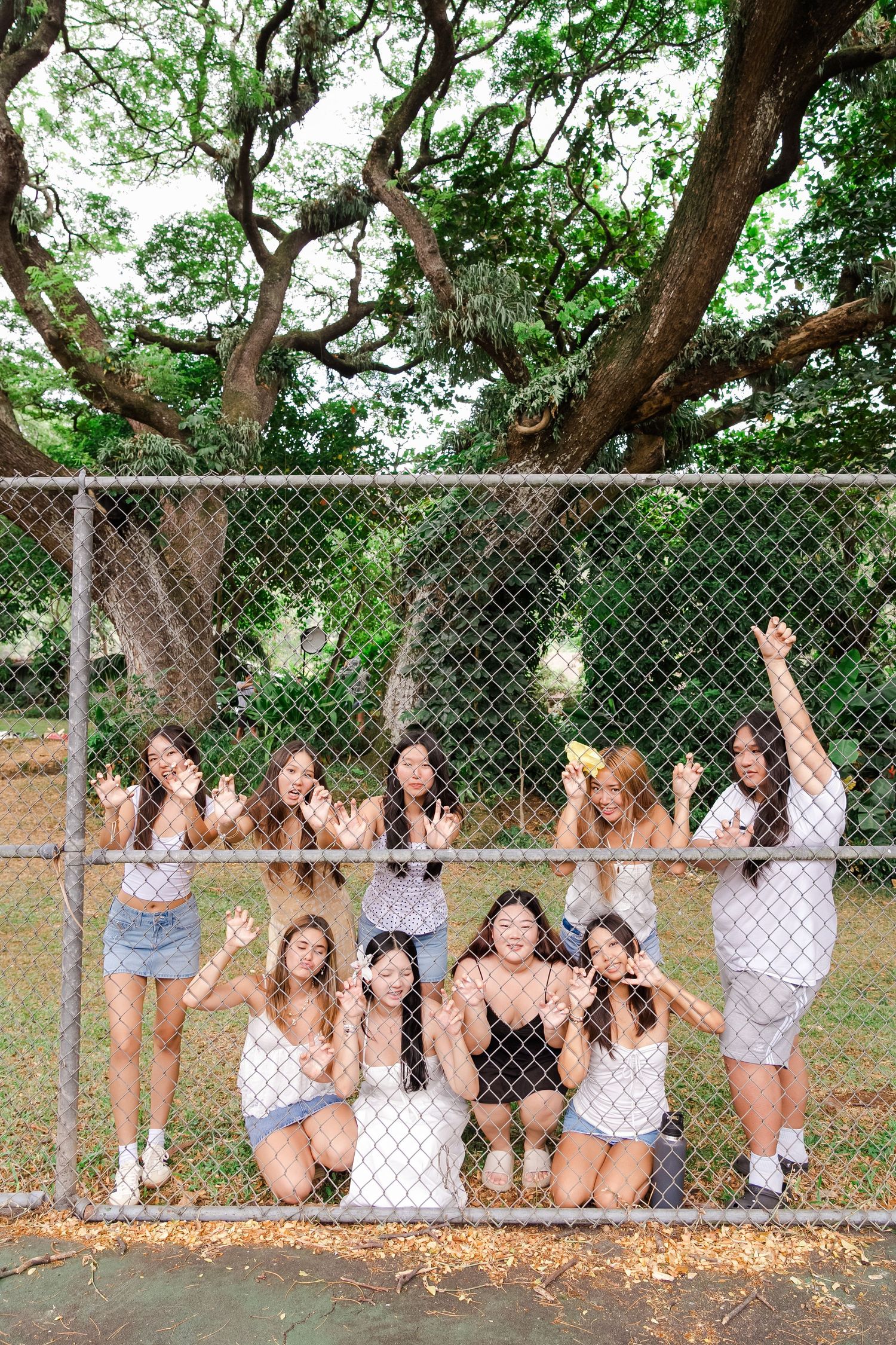 A group in light colored dresses poses among the exposed roots and trunks of large trees in a garden setting. Oahu family photographer