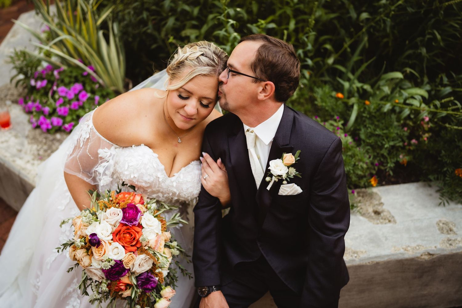 A romantic wedding photo collage showing tender moments and floral bouquets in an outdoor garden setting.