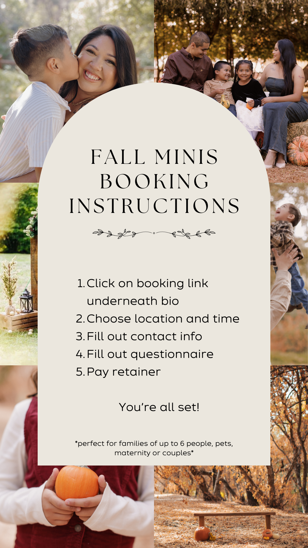 Fall mini photo session booking instructions with autumn themed photography samples and four easy steps to book.