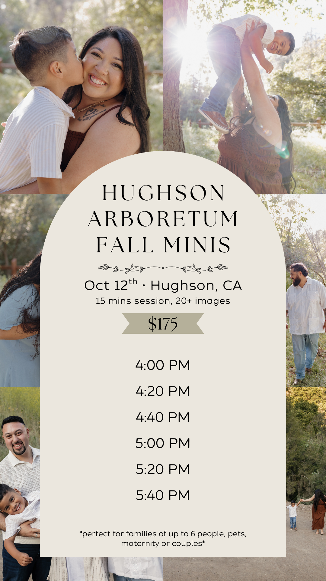 Professional photography session advertisement for fall mini sessions at Hughson Arboretum showing outdoor family portraits at sunset.