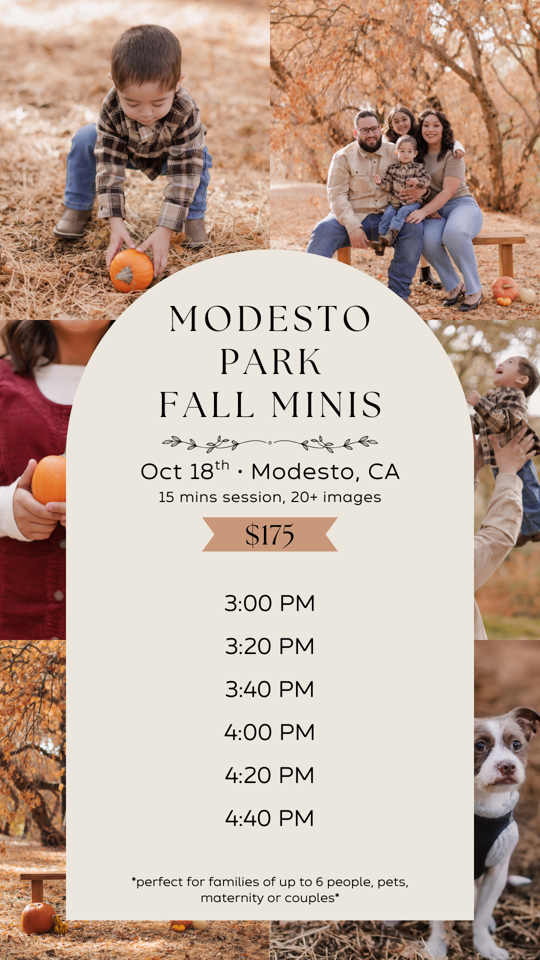 Fall mini photo session schedule for Modesto Park with time slots and pricing details against autumn backgrounds.
