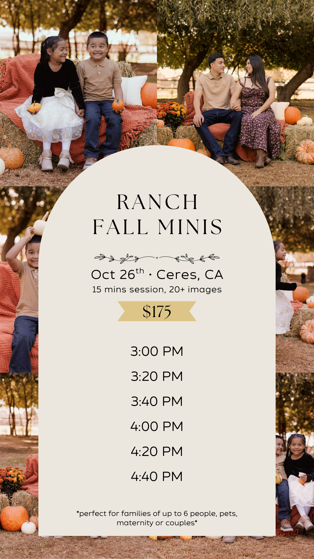 Fall mini photo session schedule showing timeslots from 3:00PM to 4:40PM at a ranch in Ceres, CA on October 26th.