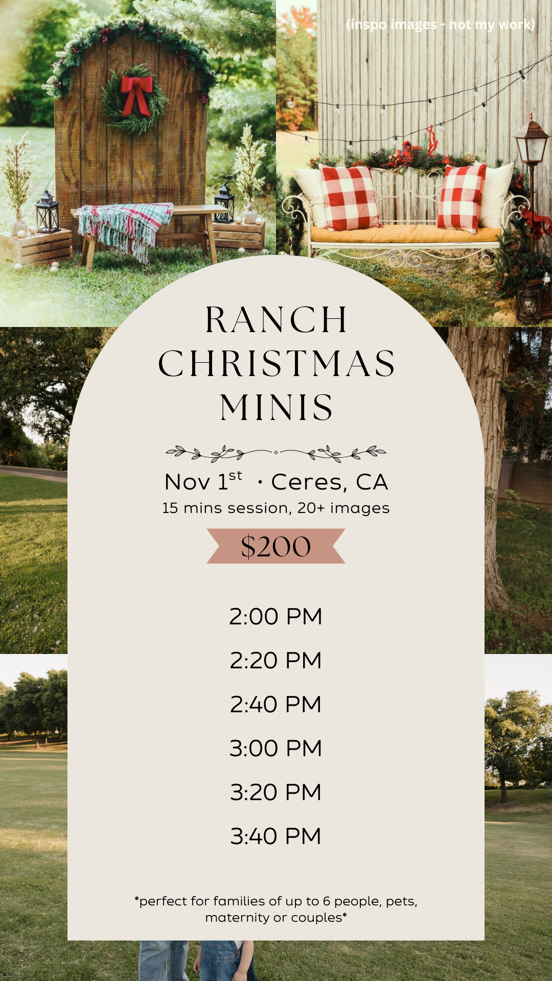 Rustic ranch photo session time slots listed on white arches with red and green holiday decor and outdoor settings.