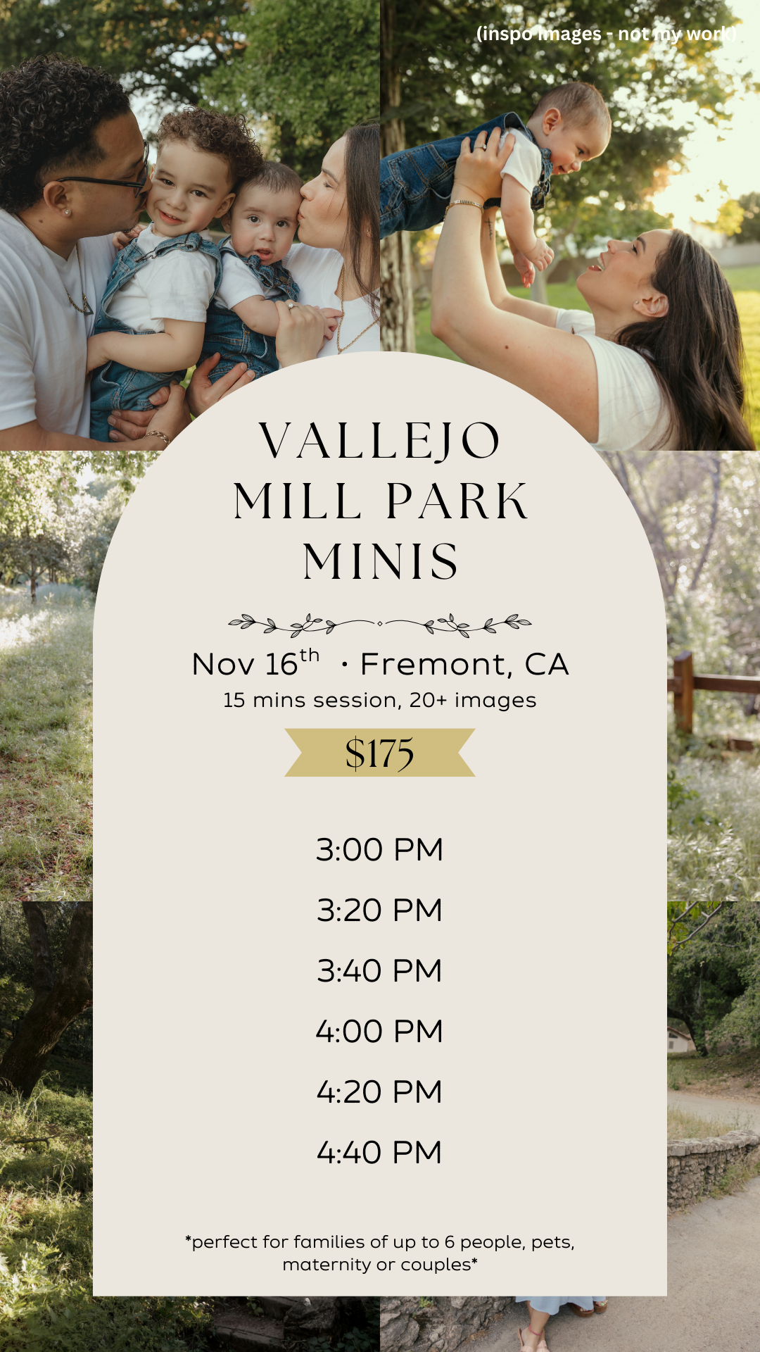 Photography mini session advertisement for Vallejo Mill Park in Fremont with available time slots and family photos in background.