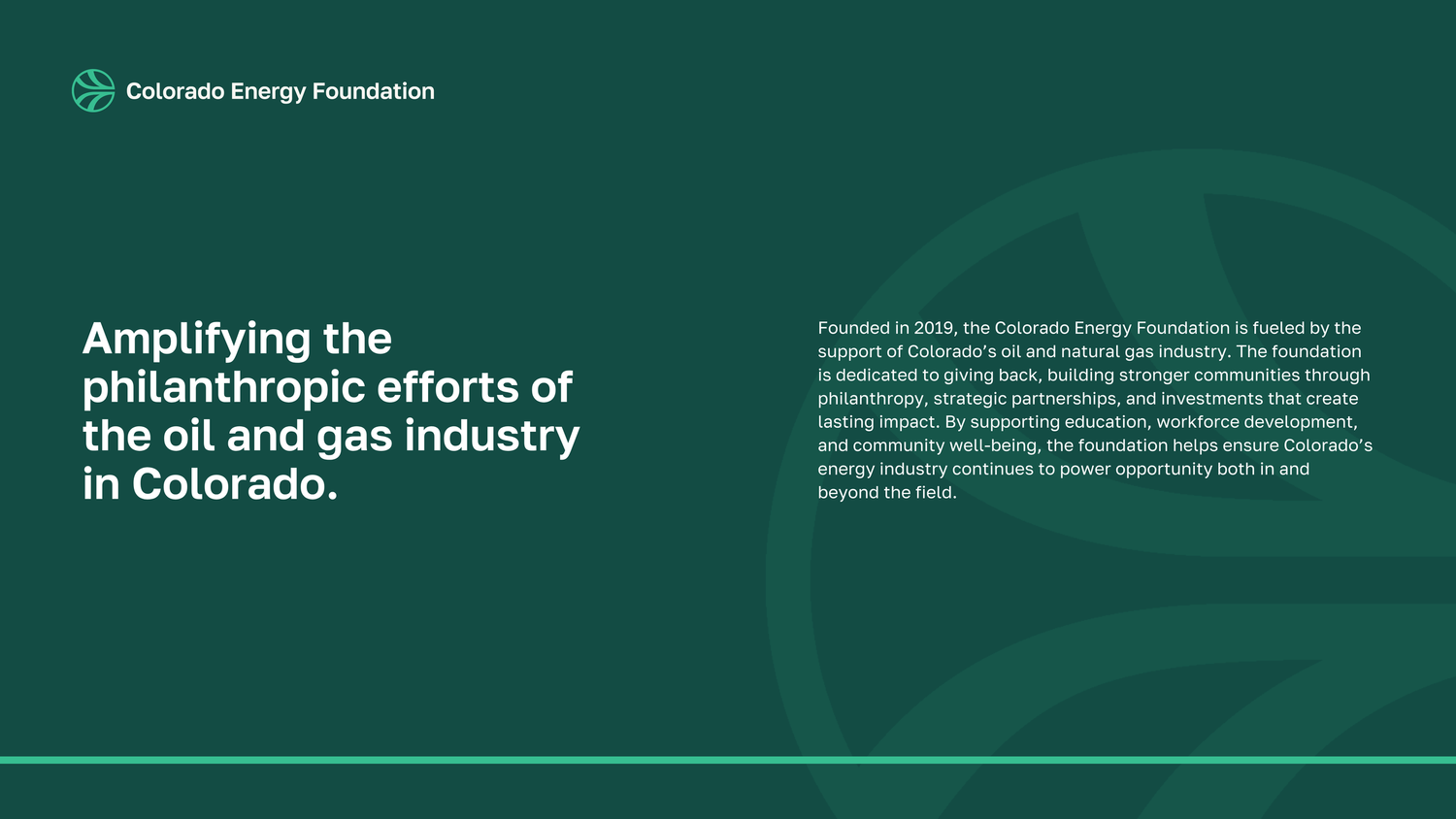 Presentation slide about oil and gas industry philanthropy with Colorado Energy Foundation branding.