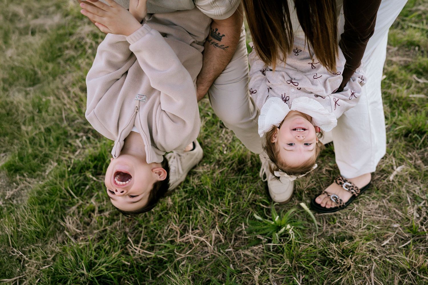 A series of artistic photos showing feet and sandals on grass.