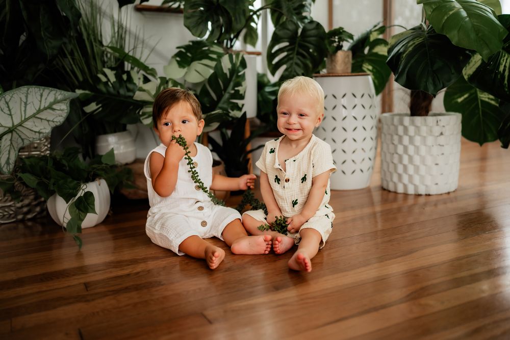 Two infants sit together on a hardwood floor surrounded by potted plants and decorative white vases.