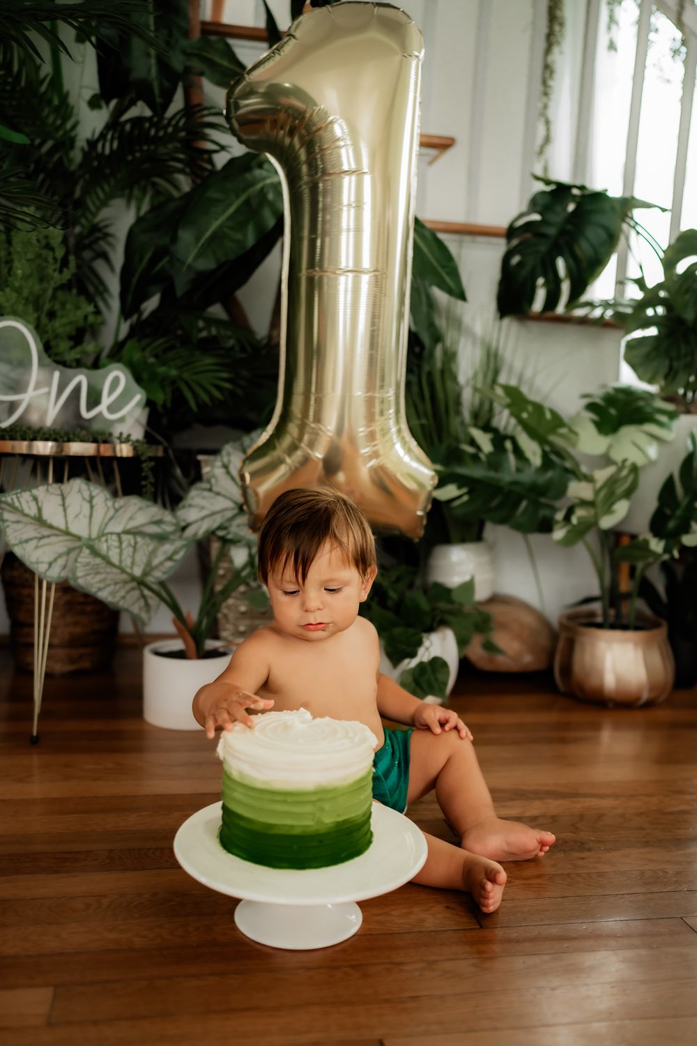Green and white tiered cake displayed on white stand with indoor plants and wooden floor in background.