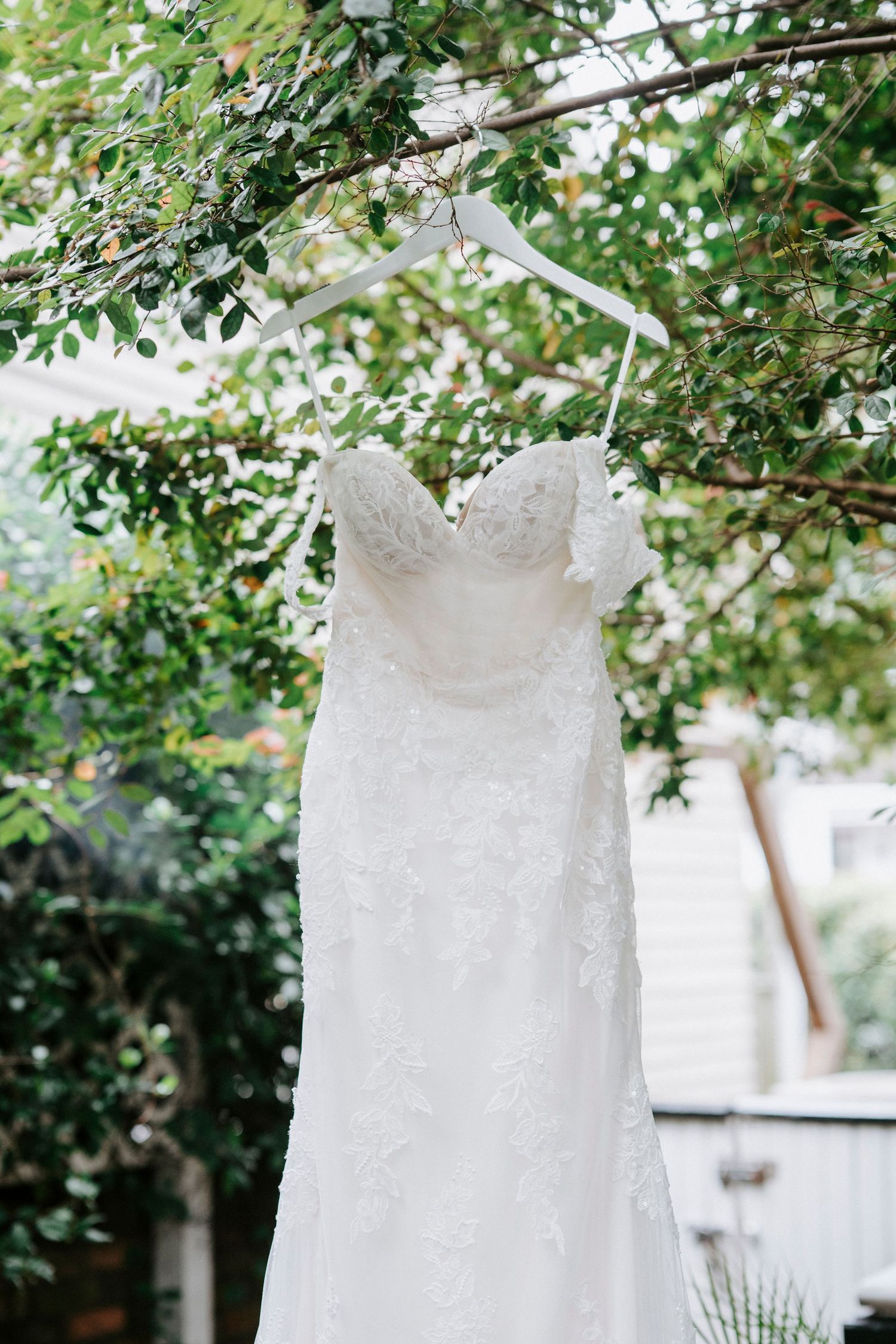 An elegant white lace wedding dress hangs from a tree branch against a soft outdoor backdrop with green foliage.