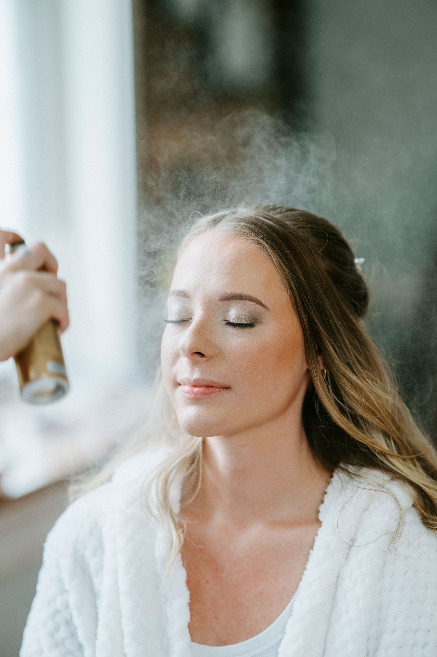 Series of dreamy bridal portraits showing delicate makeup application.