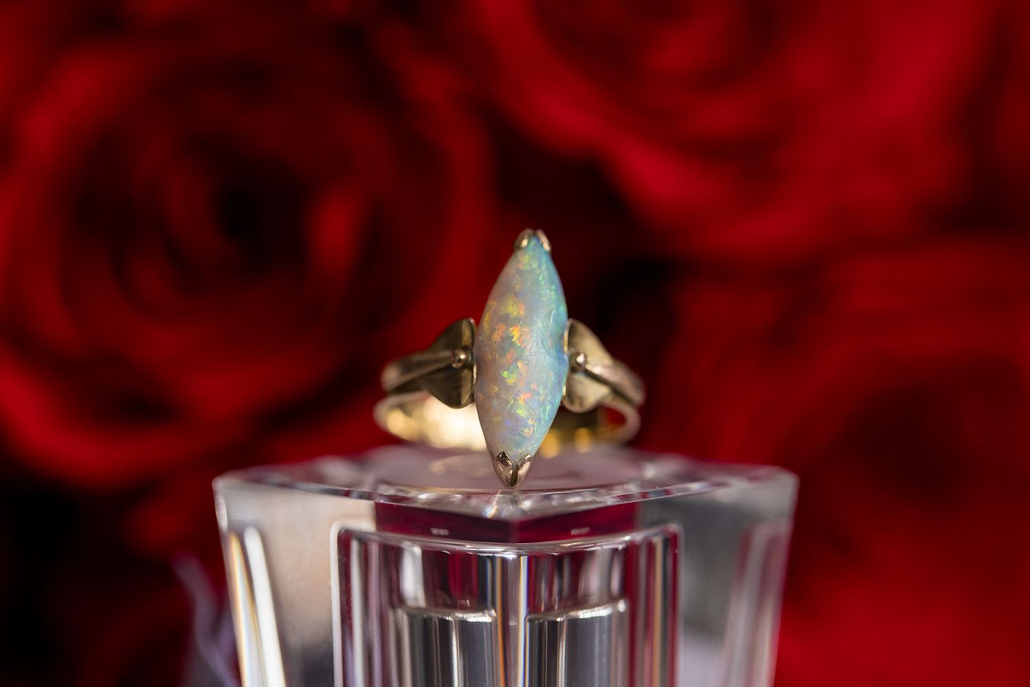 An antique Opal Wedding Ring sitting on top of a bottle of perfume in front of a bouquet of red wedding roses.