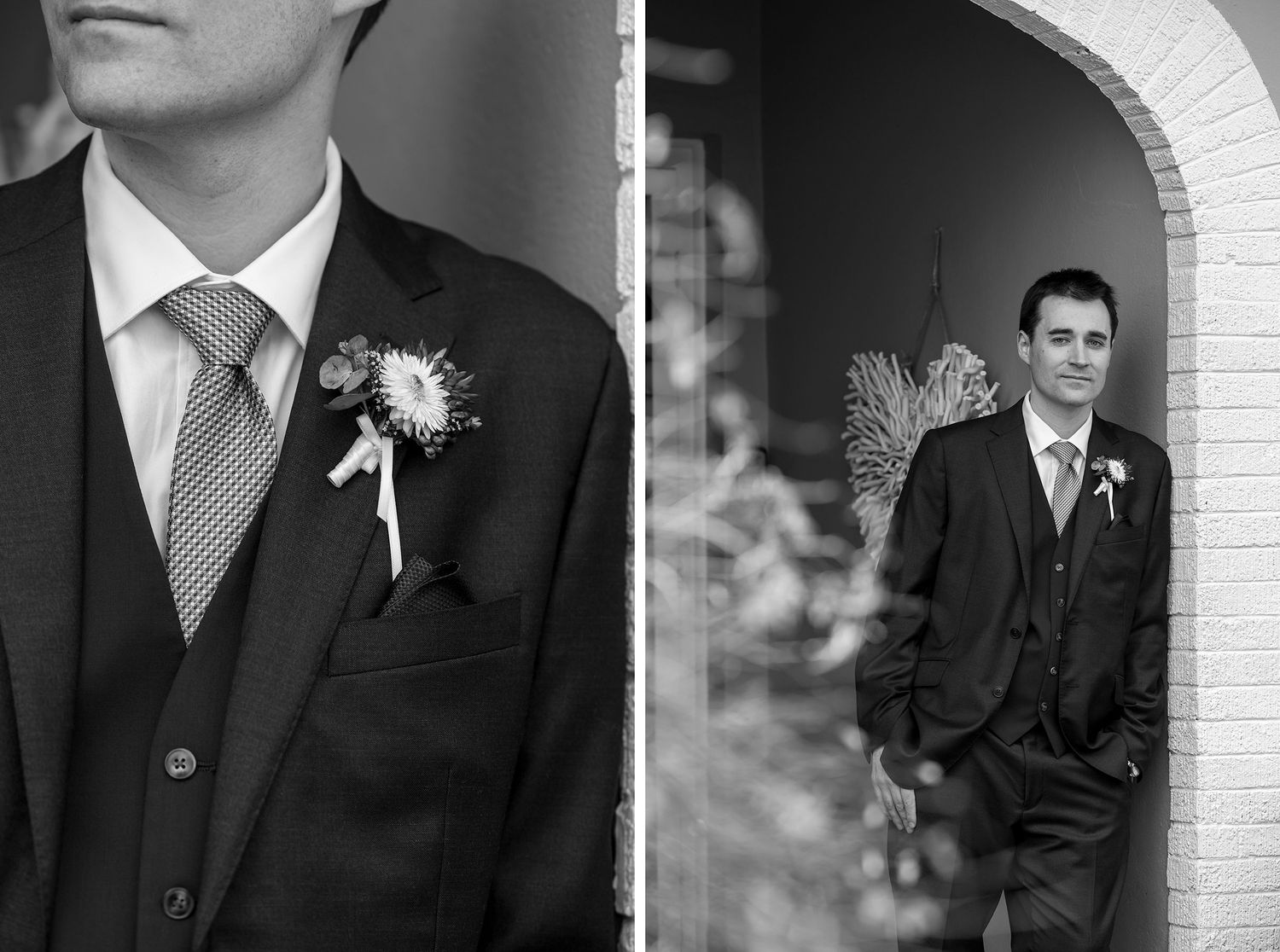 Professional black and white photos of a Groom dressed in his wedding suit with boutonnières creating classic wedding portrait collage.