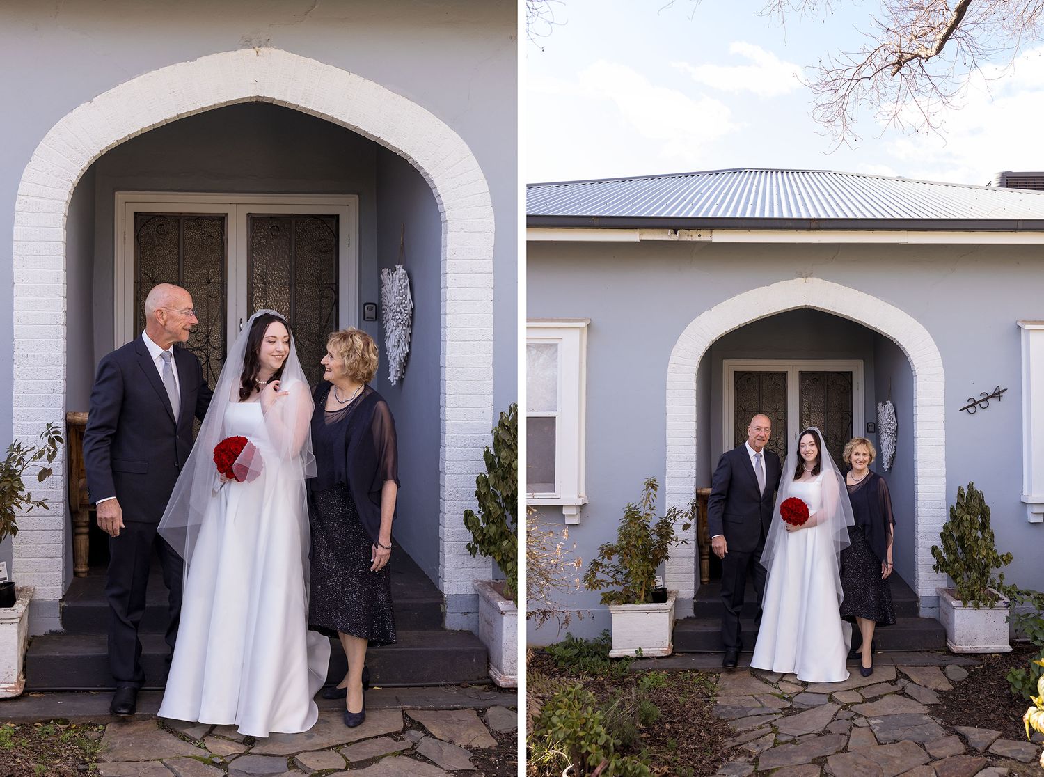 A series of wedding photos showing the entrance of a white building in Albury with a Bride with her Parents before her wedding Ceremony.