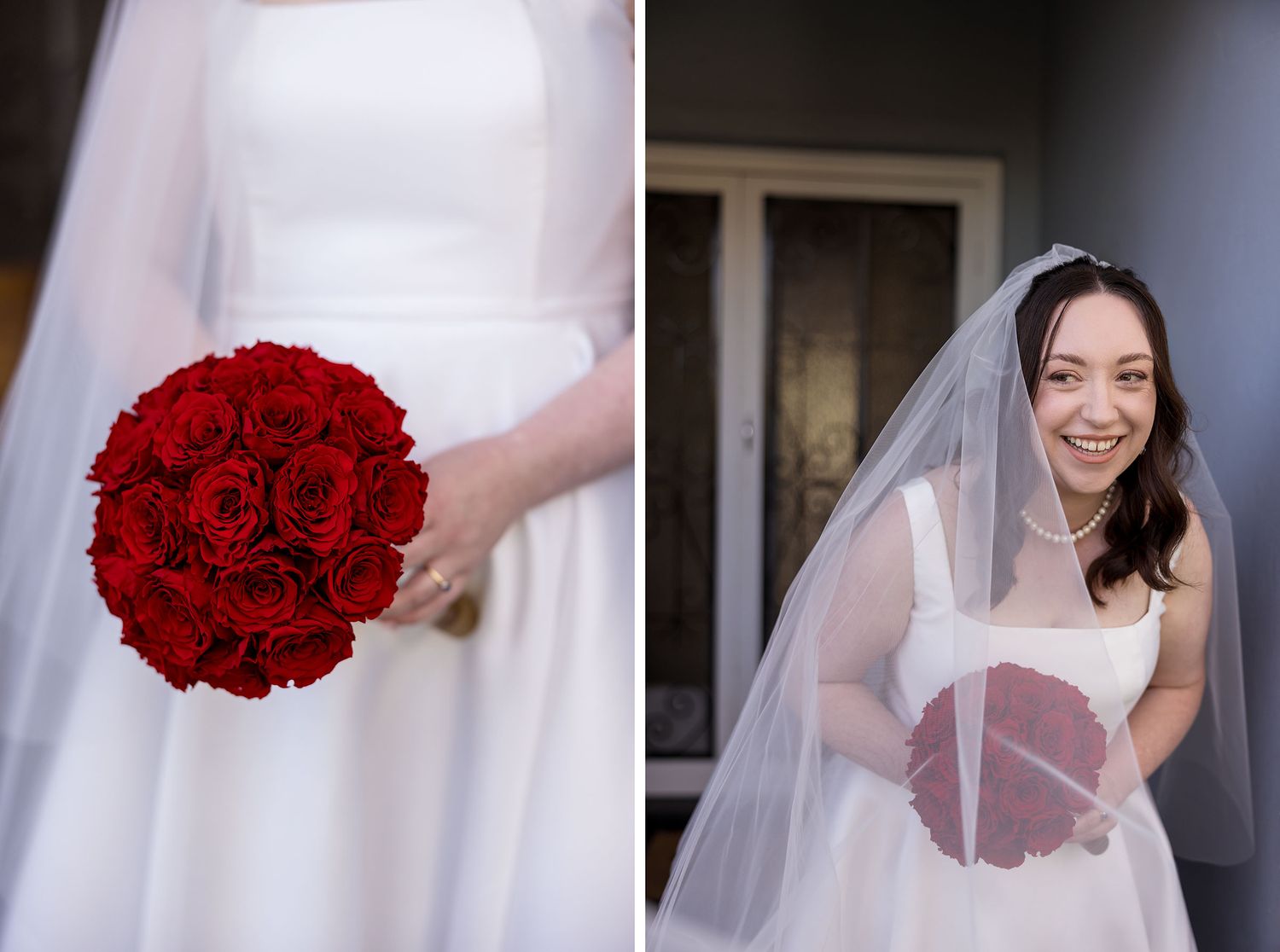Collage of red rose bridal bouquets and delicate Anna Campbell wedding dress with a Bride in soft natural light in an Archway in Albury.