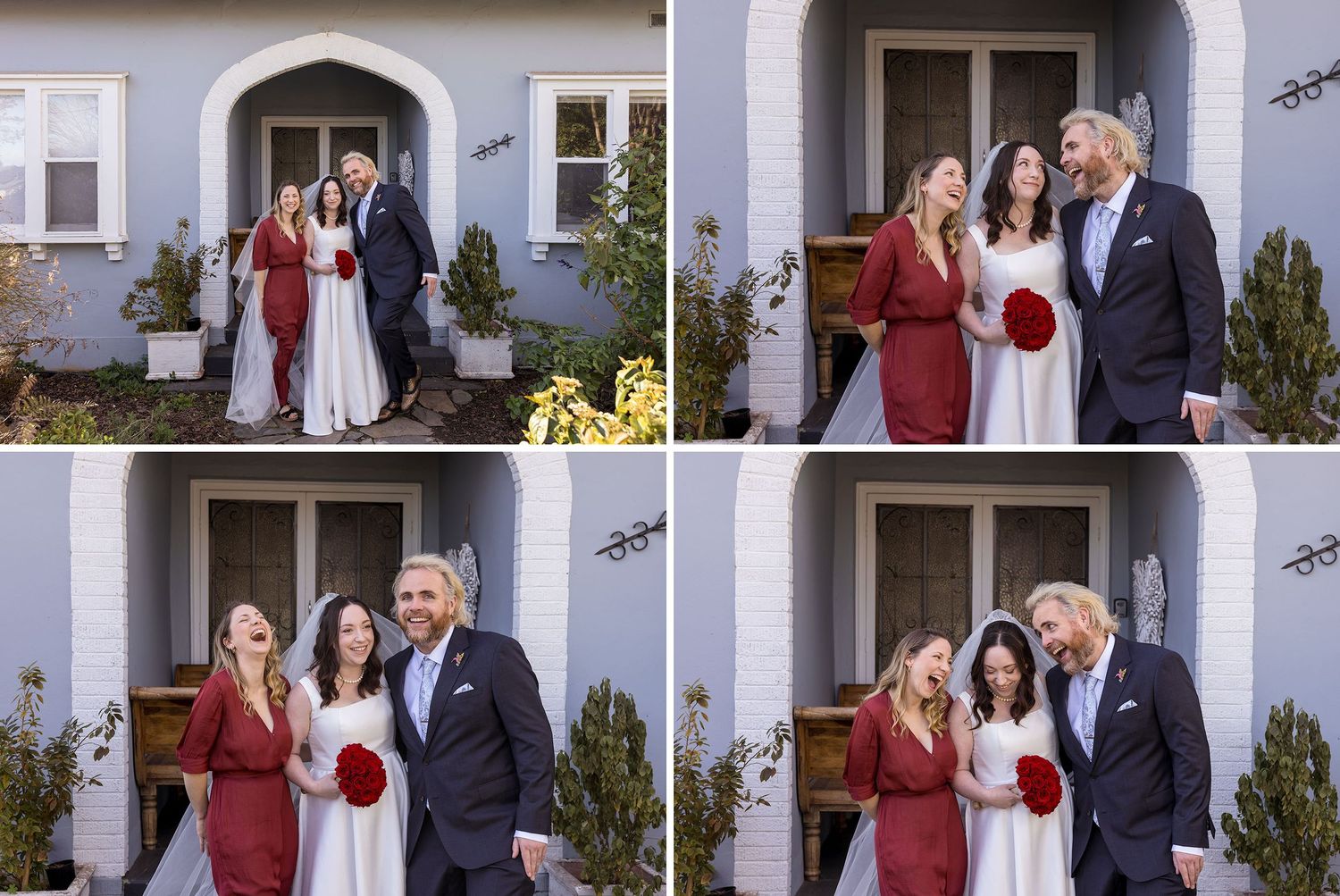 A Bride with her 2 best friends have fun posing for photos outside a light blue house with an arching doorway and greenery in Albury.