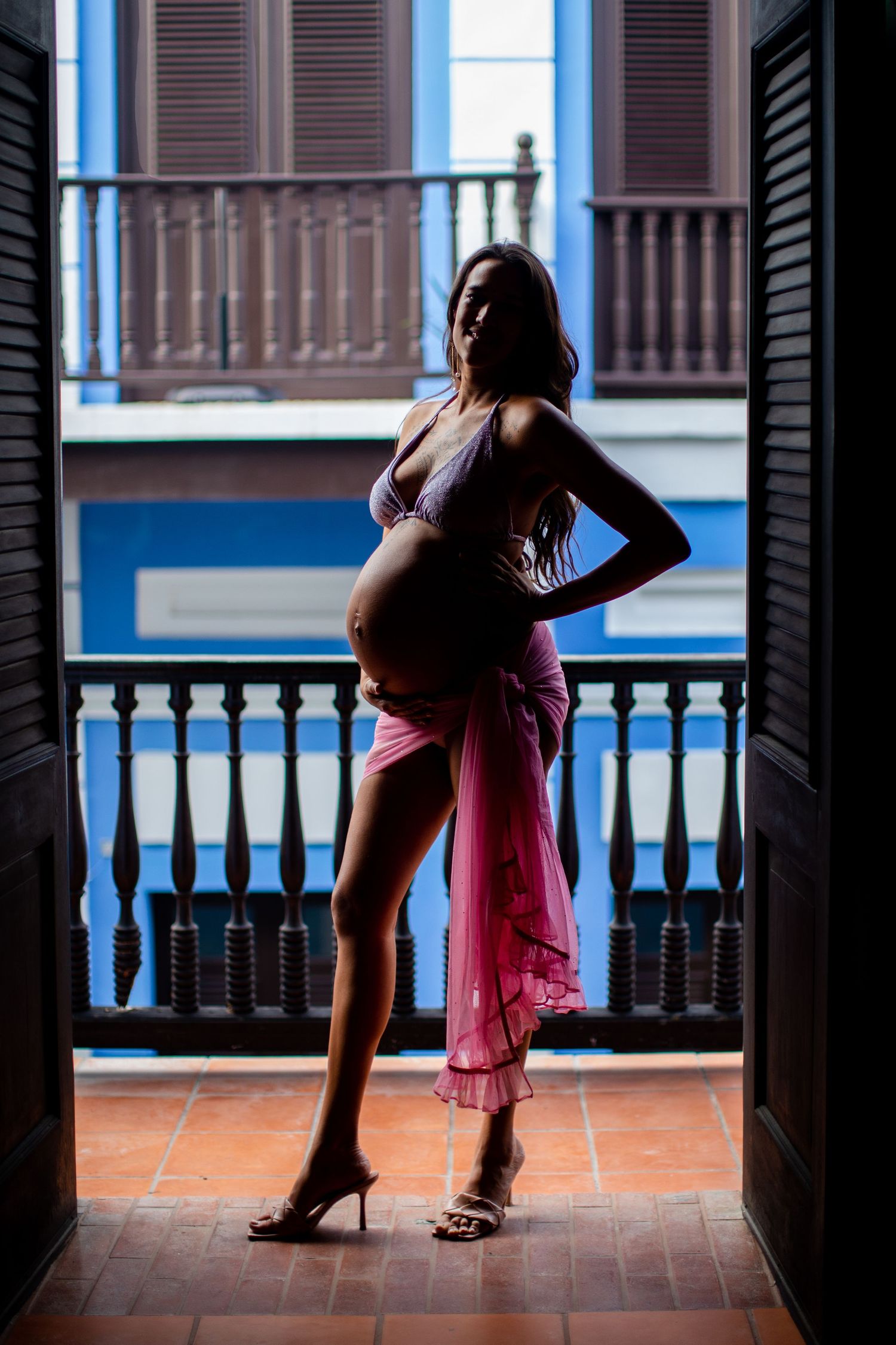 Silhouette portrait of a woman. Maternity portrait. Old San Juan, Puerto Rico.
