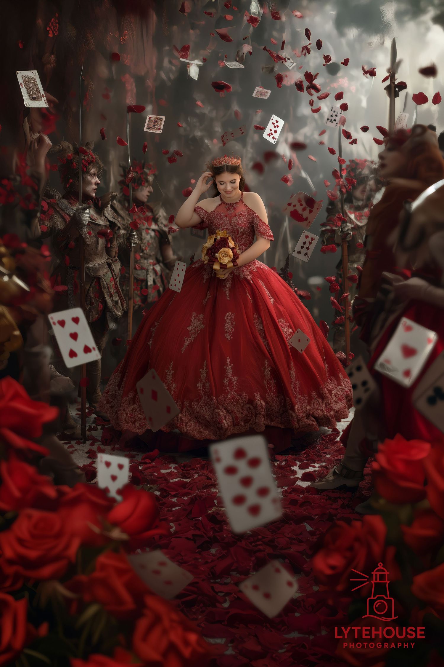 Playing cards fall around a figure in a flowing red dress amidst dark roses and dramatic lighting.