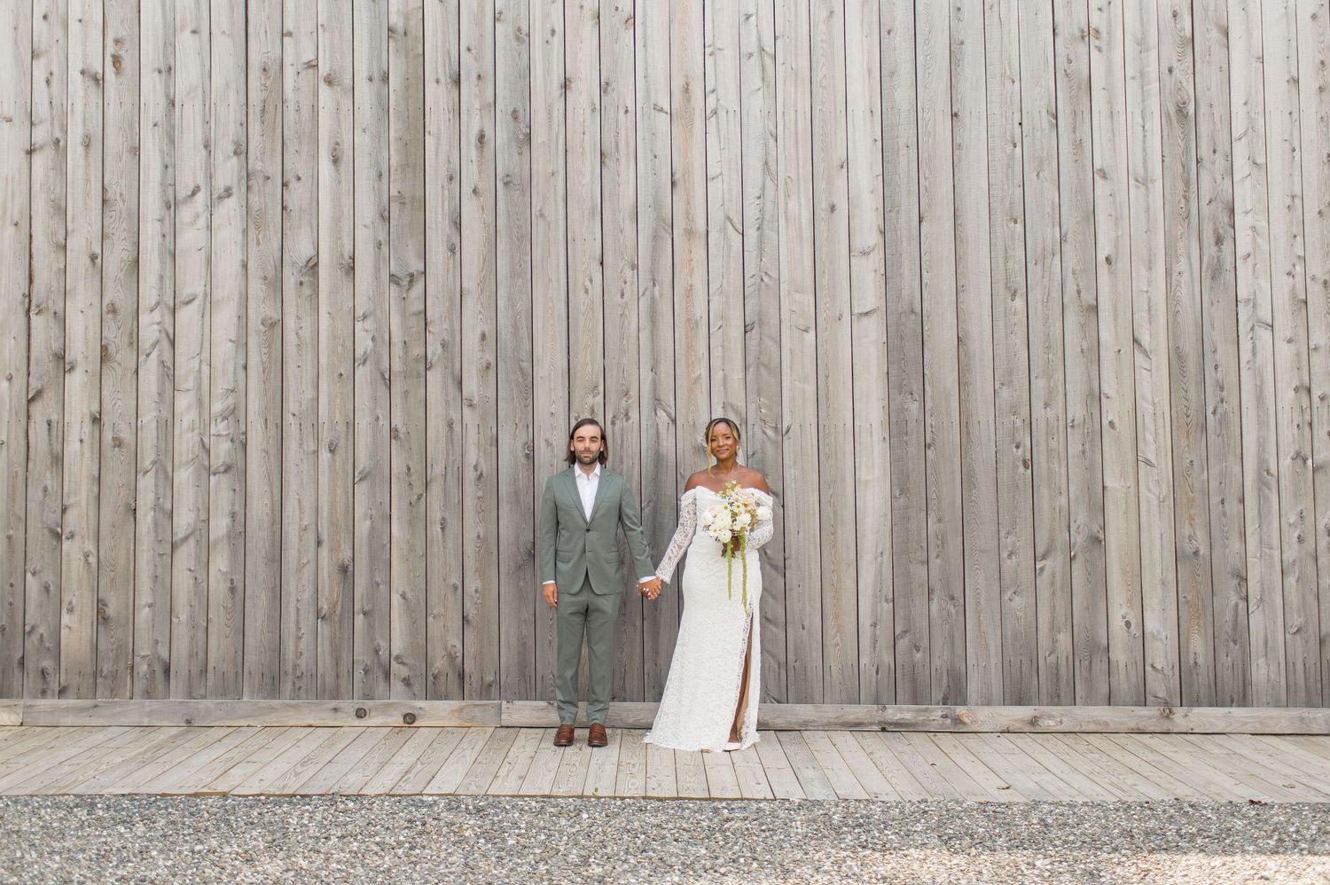 A sequence of wedding photos shows moments between a couple against a rustic wooden wall background.