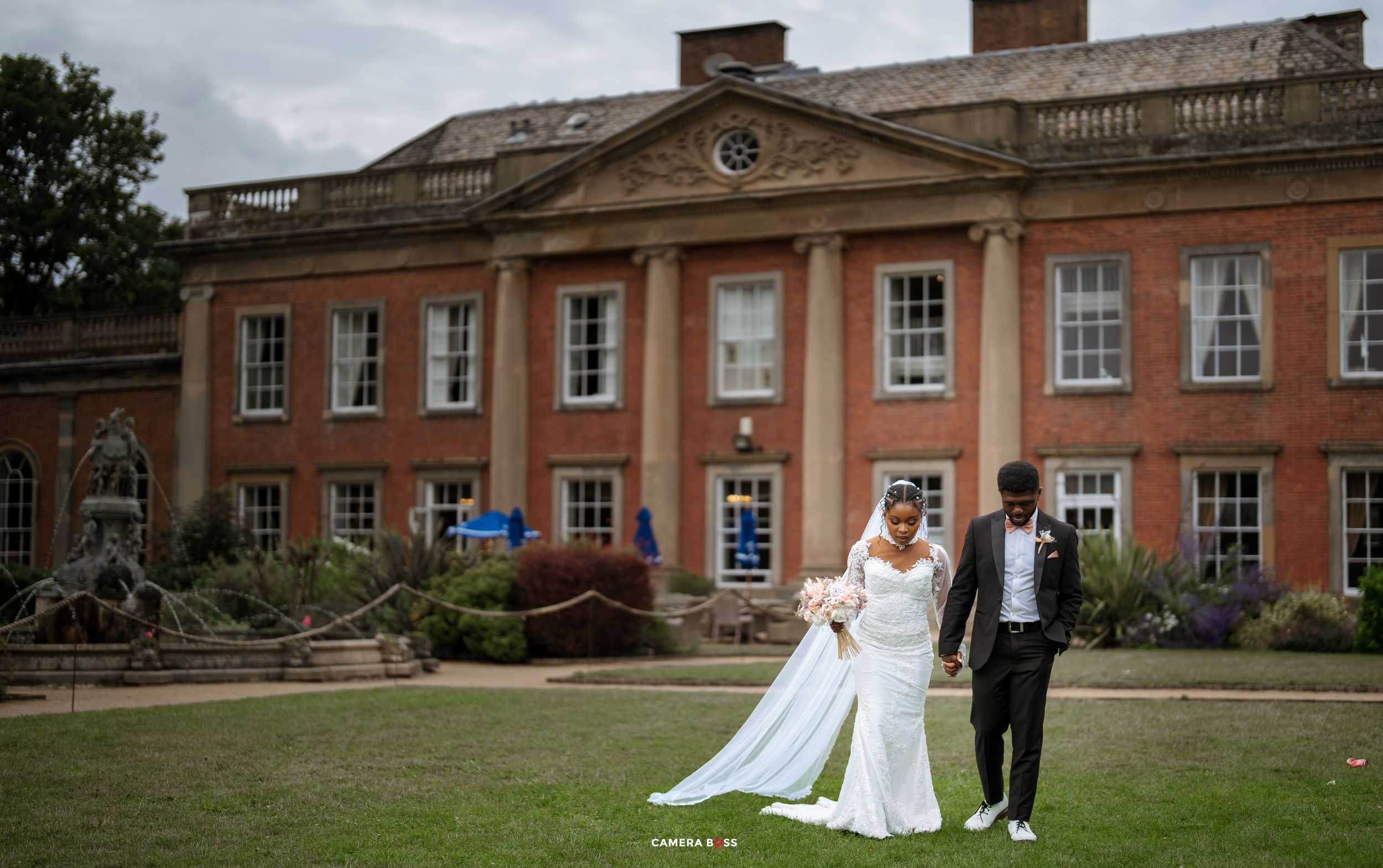 A series of wedding photos showing people in formal attire in front of a grand historic brick mansion estate.