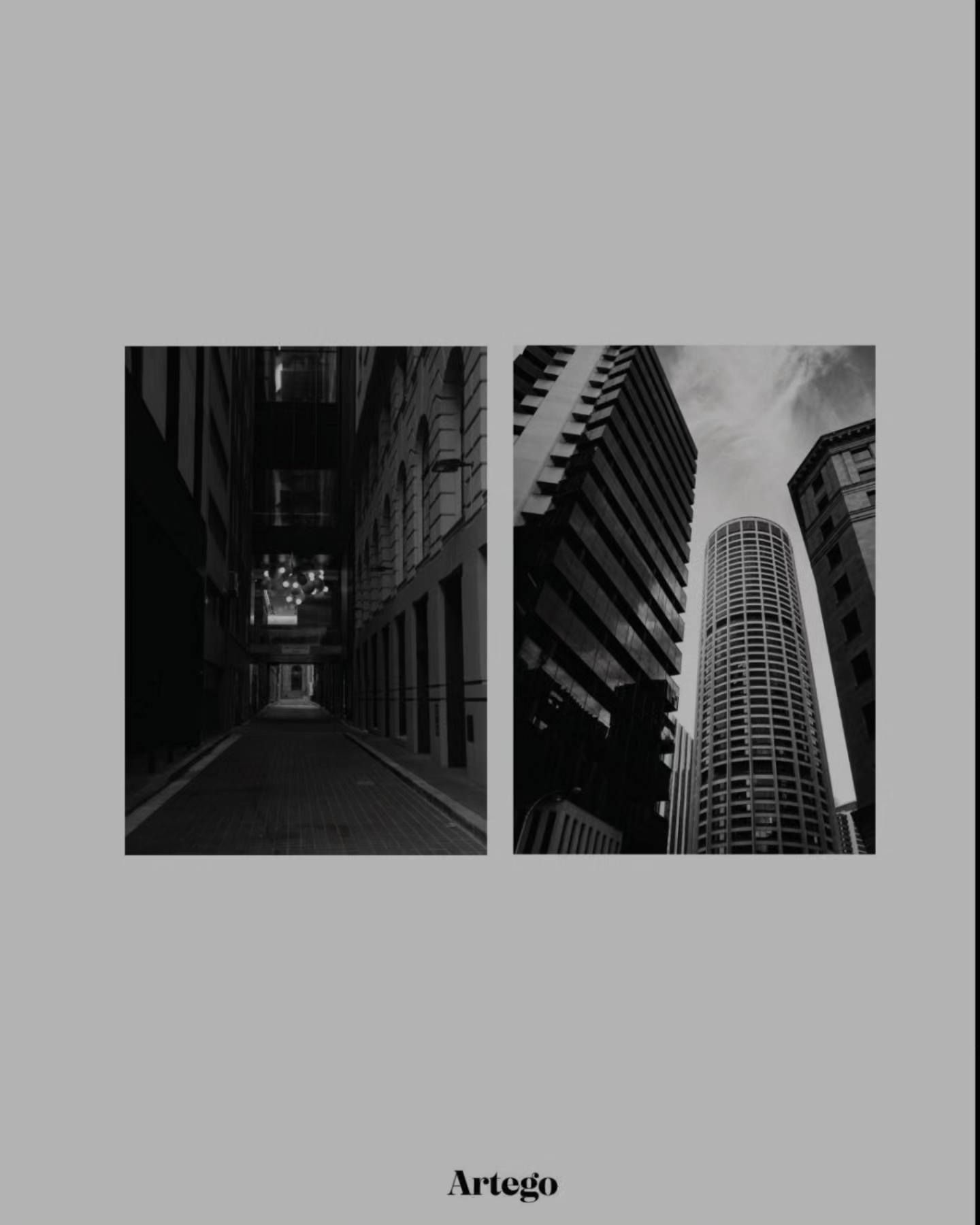 Black and white urban photography featuring a narrow alley and towering skyscraper from dramatic angles.