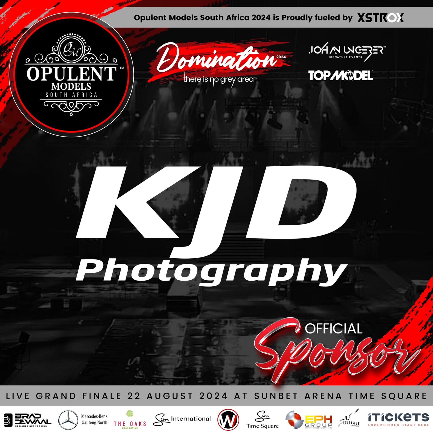 A banner for a modeling competition event showing sponsor logos and event details against a dark background.