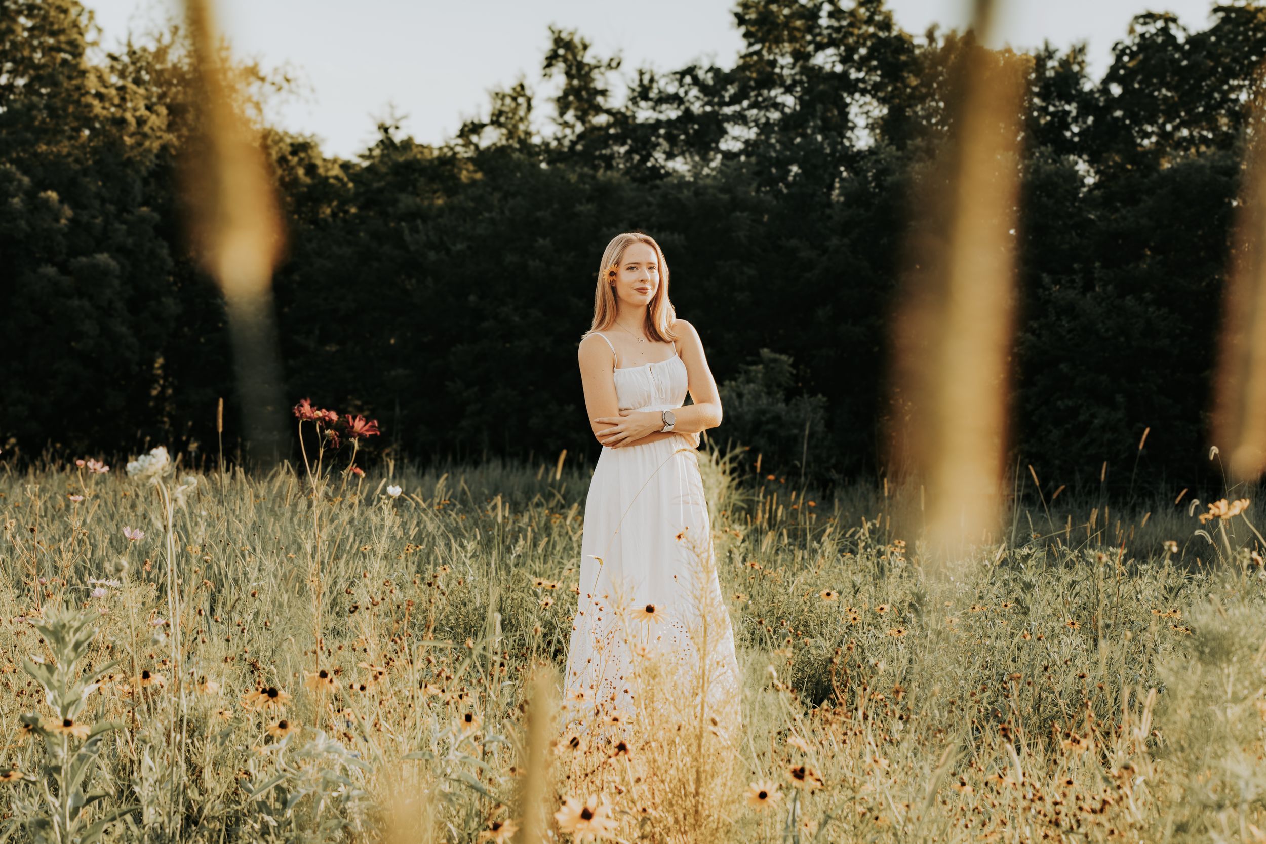 A series of sun-drenched meadow portraits showing someone in a white dress amid golden wildflowers and tall grass.