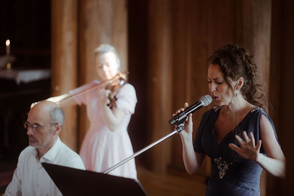 Musicians perform during an elegant church wedding ceremony.