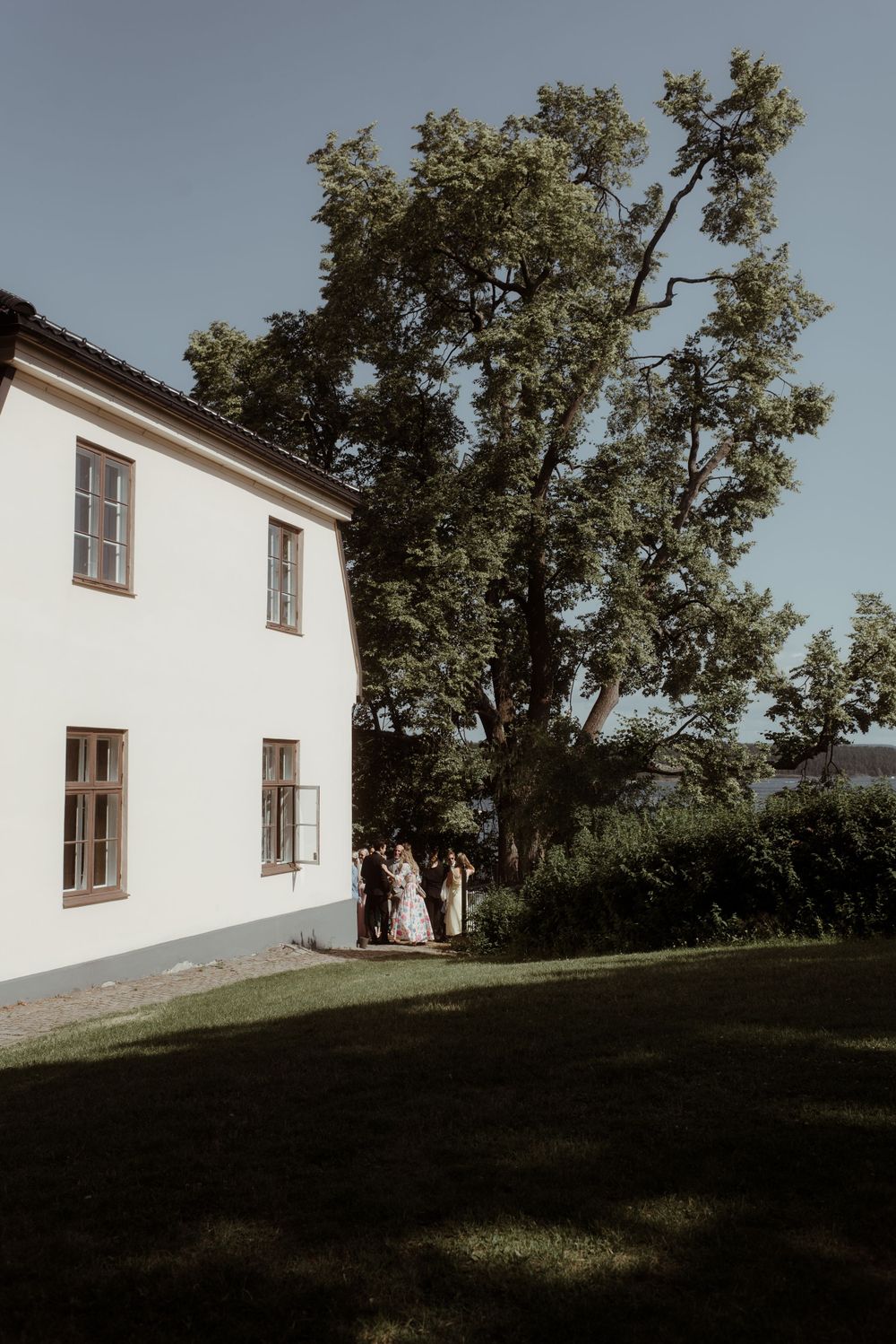 A white country house with large windows and a tall tree casting shadows in late afternoon light.