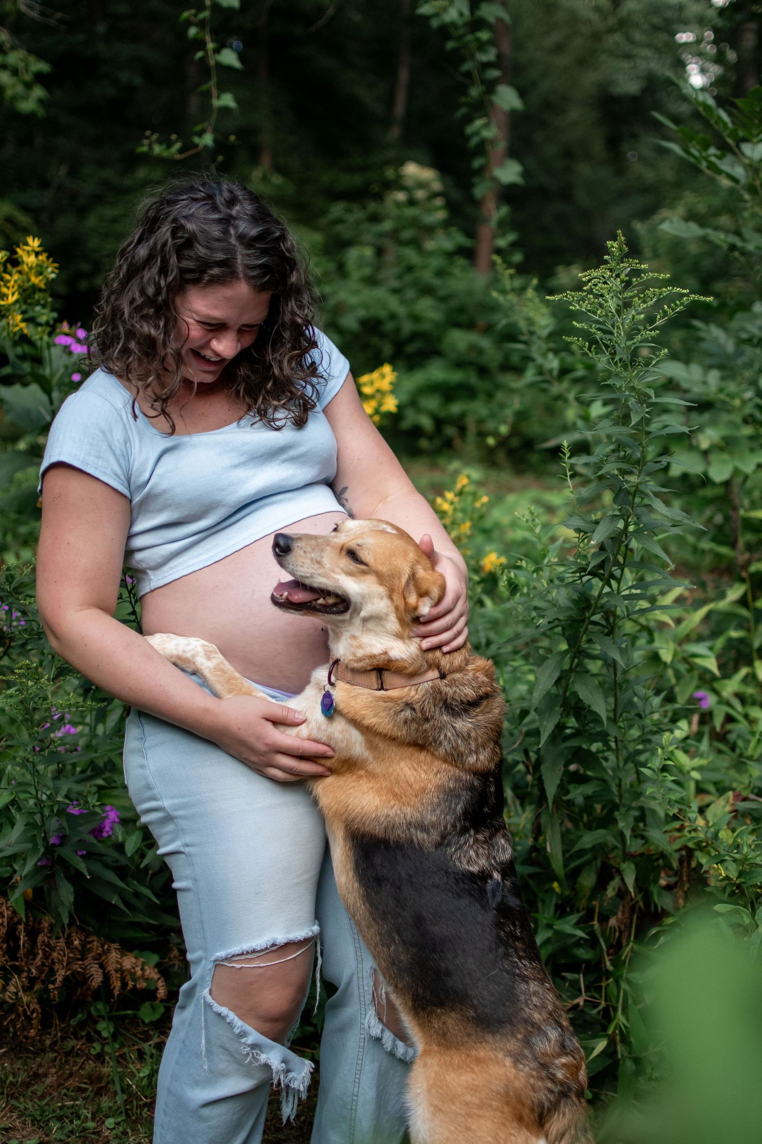 A pregnant person in a garden shares tender moments with their German Shepherd mix dog among flowering plants.
