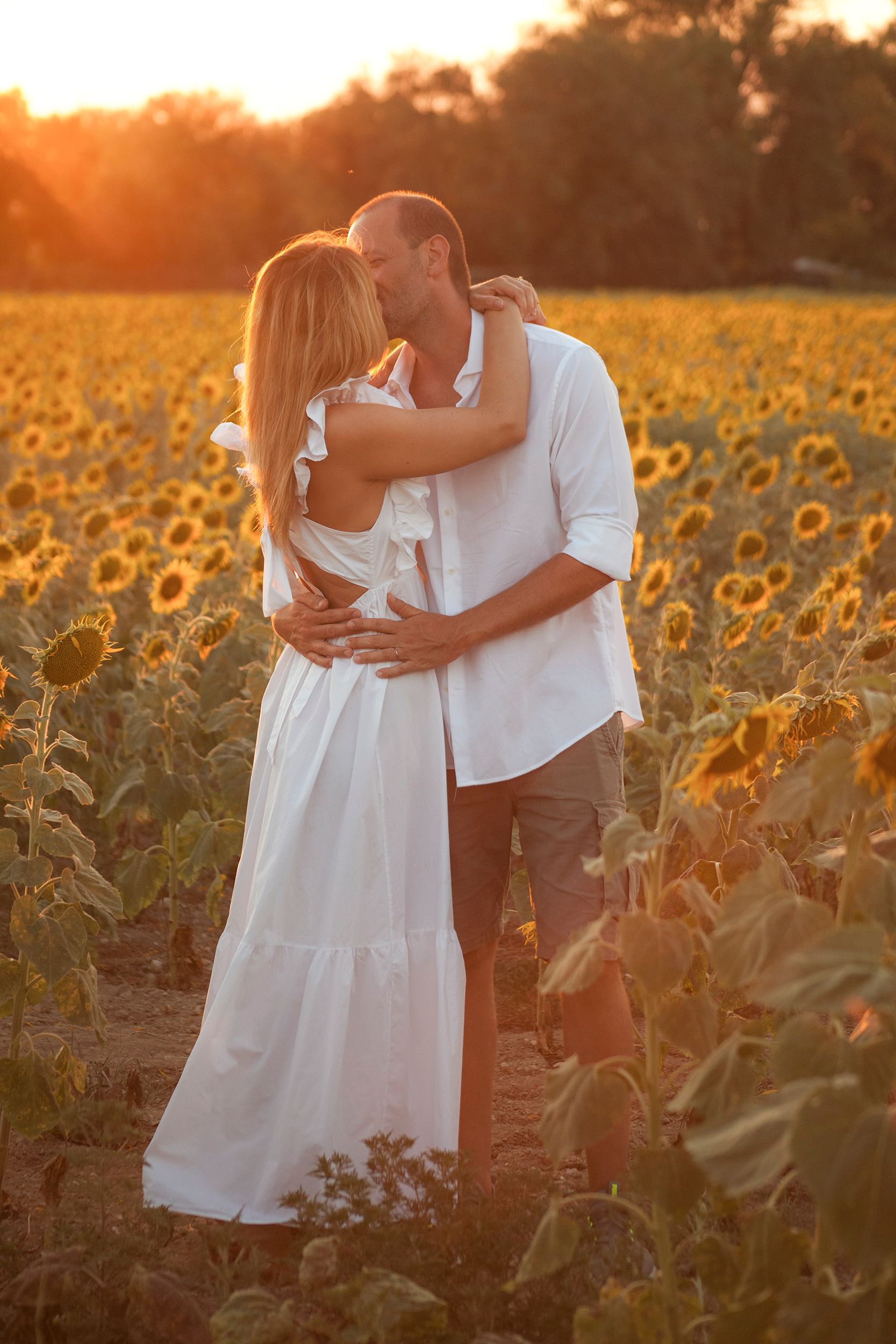 Pomeriggio di fine luglio, tramonto, luce calda, campo di girasole, bacio donna uomo, marito e moglie, amore, emozione, innamorati, amore