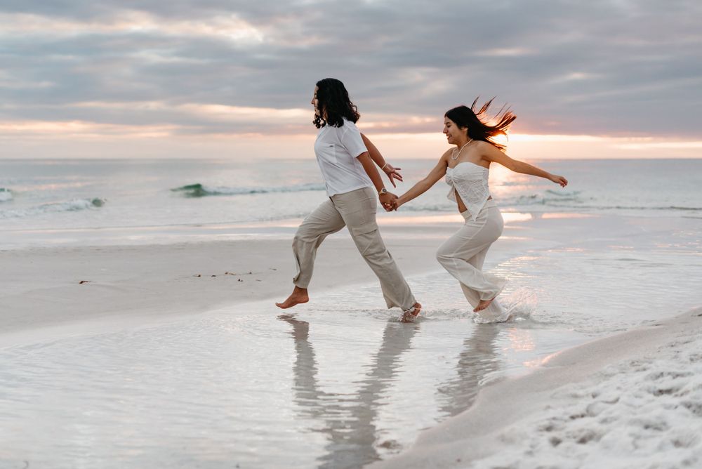 Dance-like poses captured in sequence on a peaceful beach during golden hour.