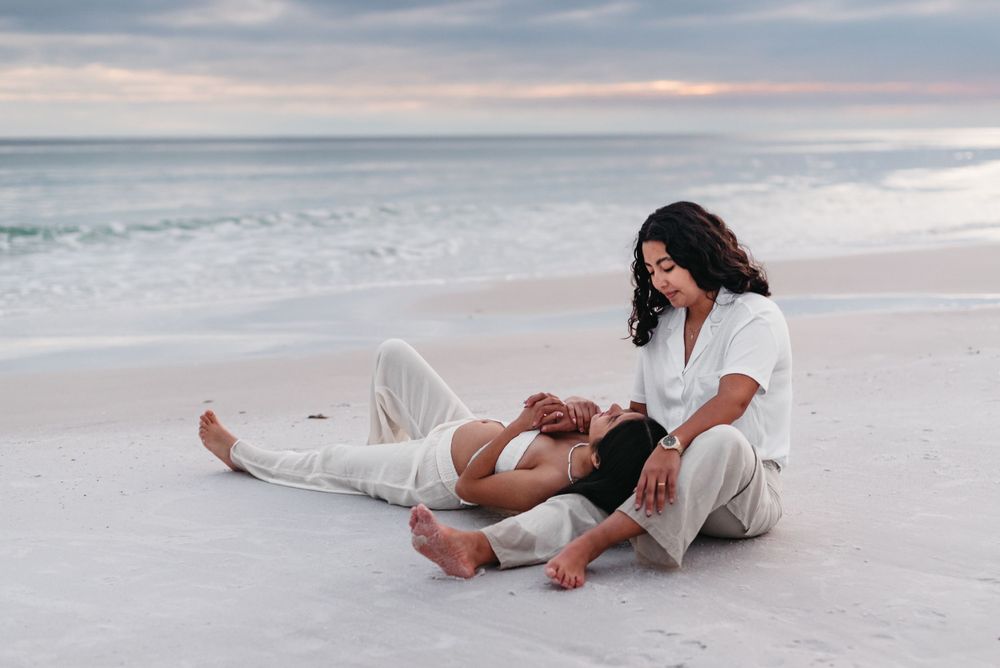 Artistic sequence of beach poses against cloudy sky at dusk.