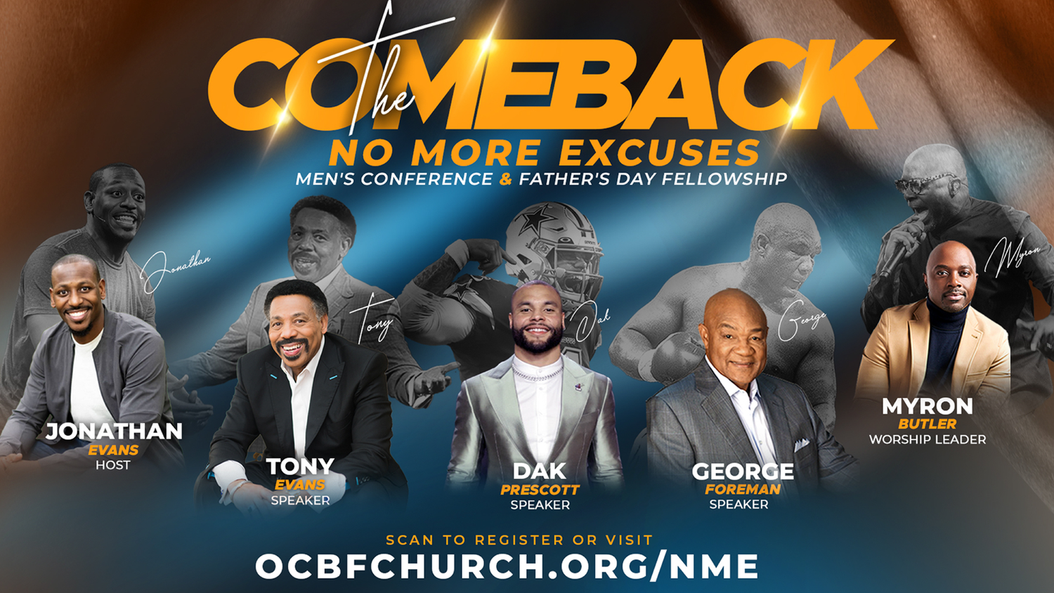 Orange and black church event banner promoting 'Comeback: No More Excuses' with five speakers displayed. Tony Evans, Dak Prescott, George