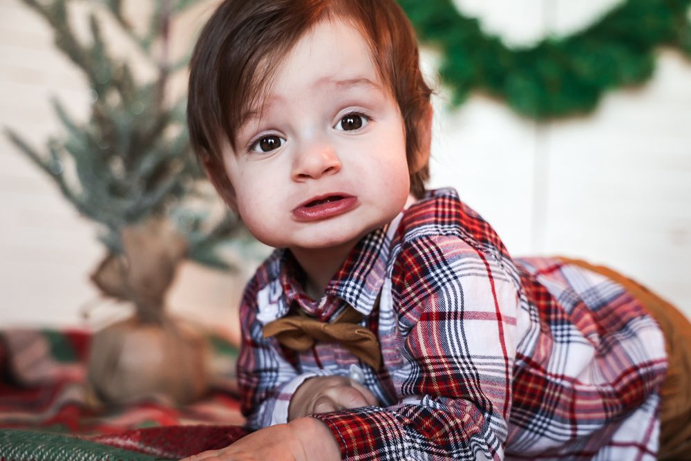 A festive holiday photoshoot featuring a plaid outfit against a Christmas backdrop with greenery.