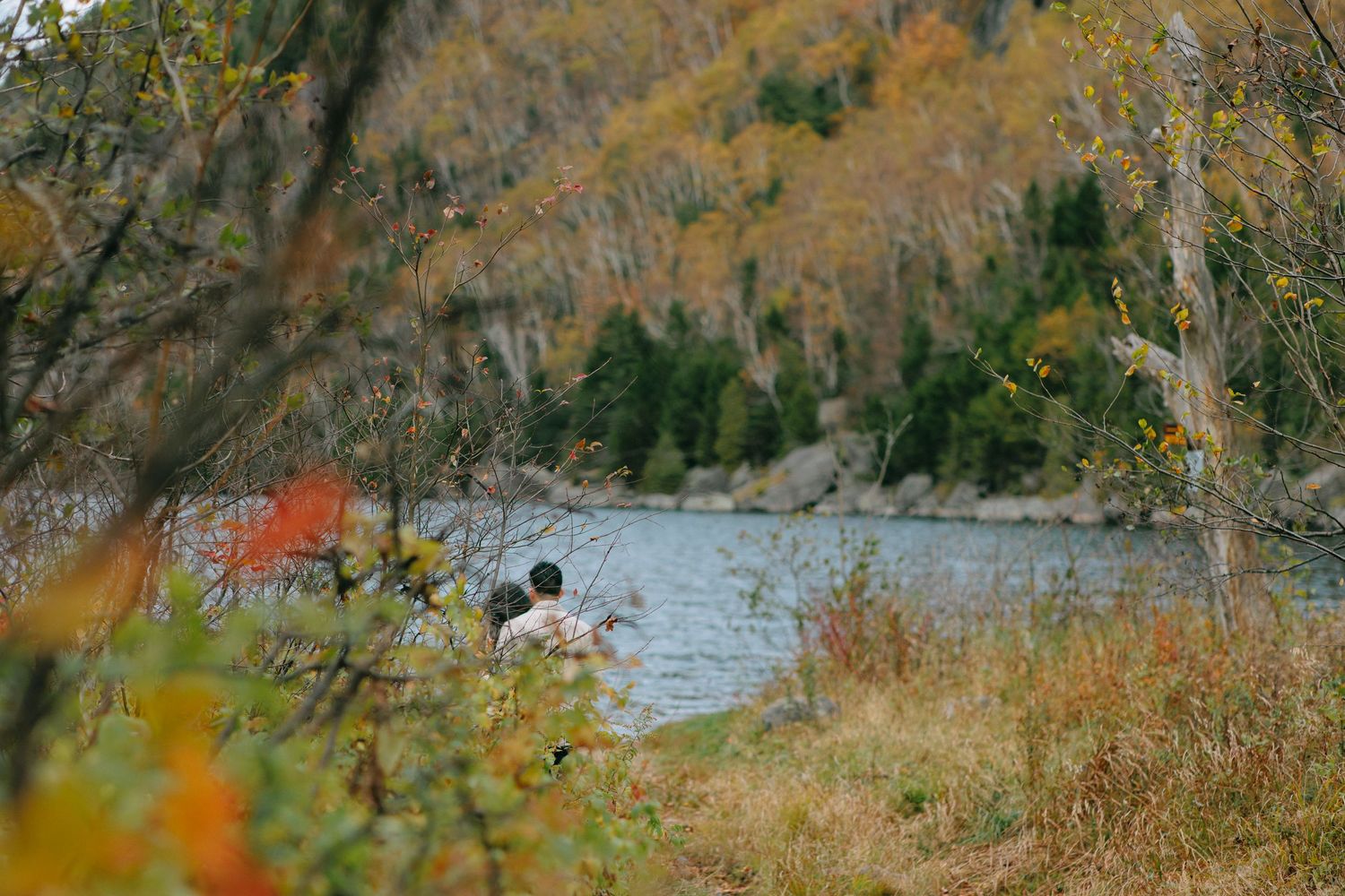 A scenic autumn lakeside view with colorful fall foliage reflecting in the calm water on a sunny day.