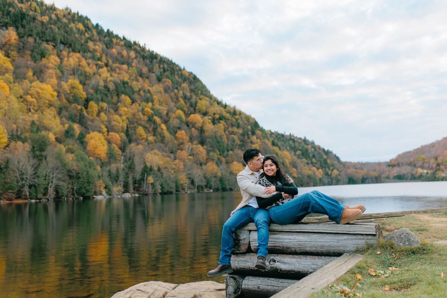 A series of autumn lakeside photos showing people relaxing and enjoying scenic mountain views in fall colors.