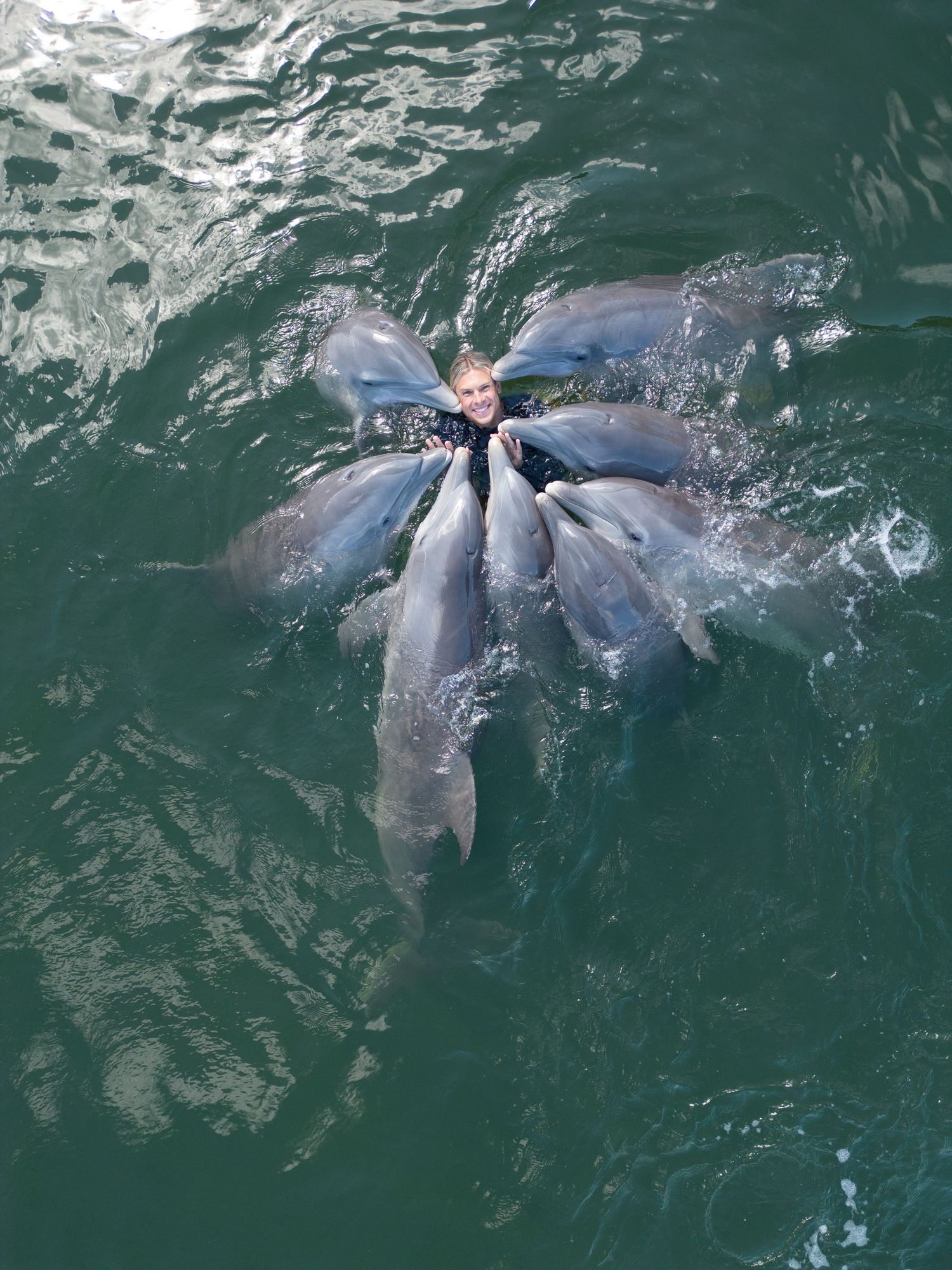Two playful dolphins swim and splash together in turquoise ocean waters, creating ripples on the surface.