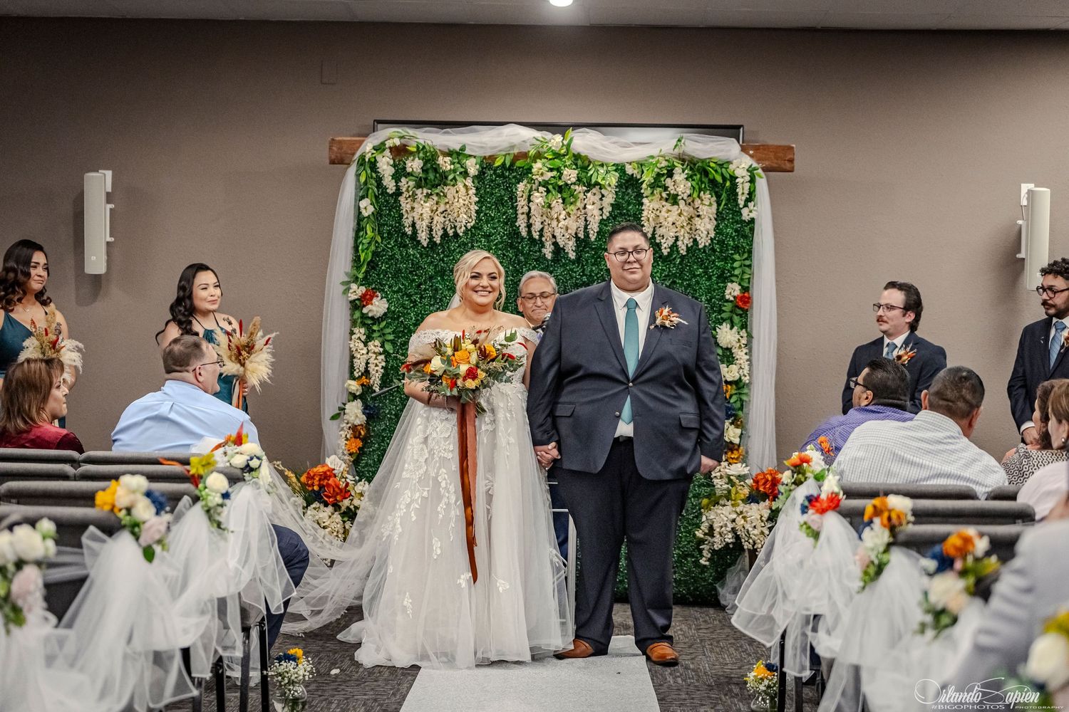 A collage of wedding ceremony moments showing couples, guests, and floral decorations in an indoor venue.