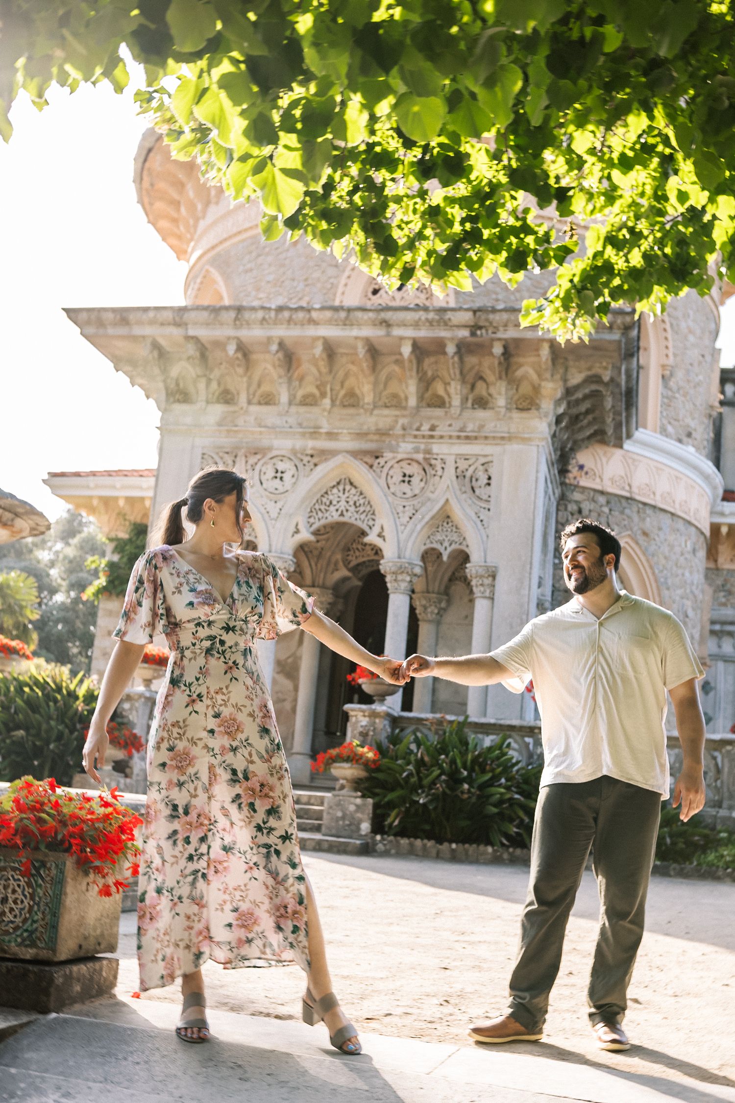Romantic couple portrait at Monserrate Palace during engagement session in Portugal