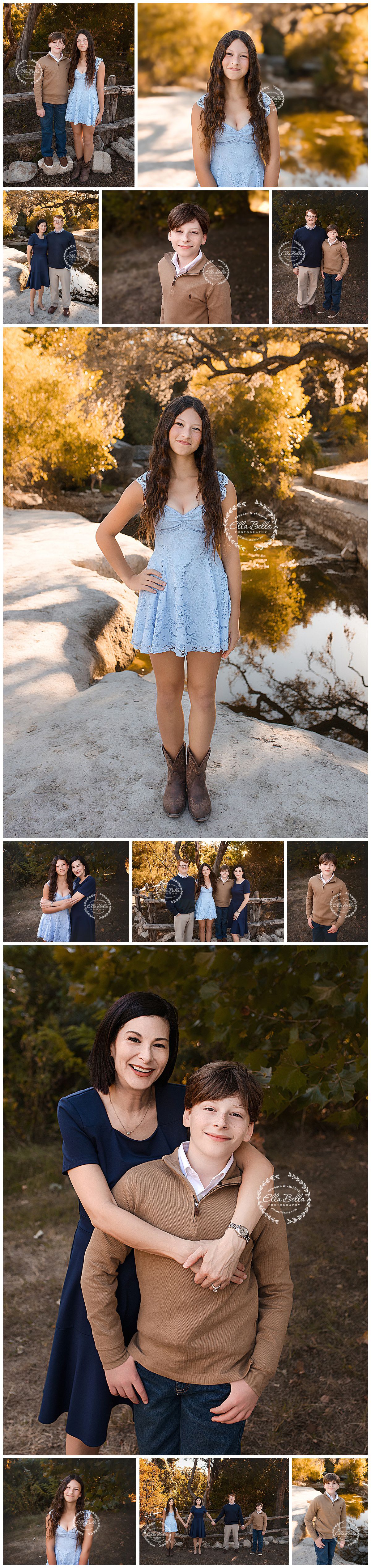 A collection of outdoor family portraits featuring casual attire and natural autumn lighting among trees and rocks.