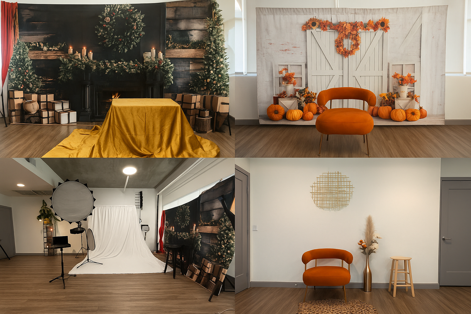 Studio space decorated with orange fall decor and furniture for photography.